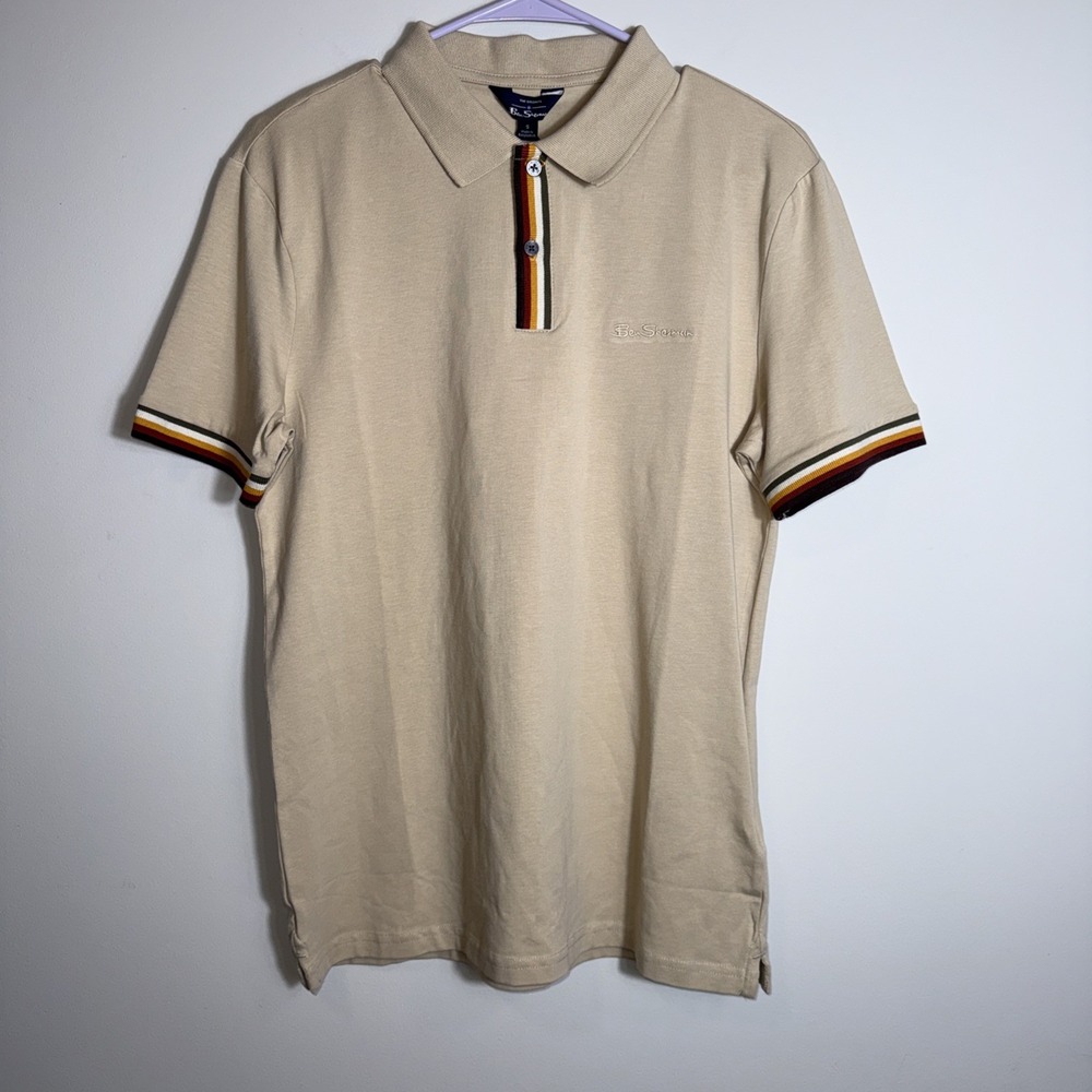 Ben Sherman Mens Polo Golf Shirt Beige Tan Striped Trim‎ Small Mod Retro Preppy